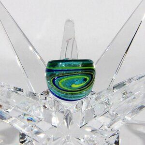 Vintage Cocktail Blue Ring with Green and Gold Swirls